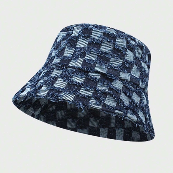 Frayed Checkered Denim Jean Bucket Hat - Picture 6 of 6